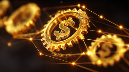 Golden gears connected by glowing lines, forming a financial mechanism 
