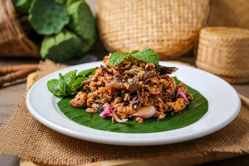 Spicy minced catfish salad, thai called larb pla duk