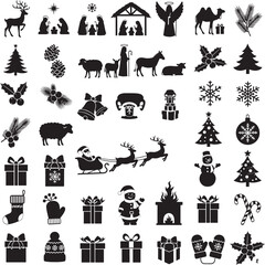 Christmas and Nativity Scene Black Silhouette Vector Icons Collection.