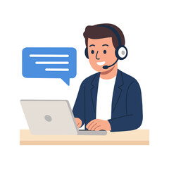 Flat Illustration of Man with Headset Working on Laptop Icon