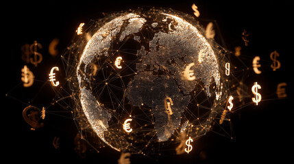 Web of glowing currency symbols (€, $, ¥, £) connecting around a central globe