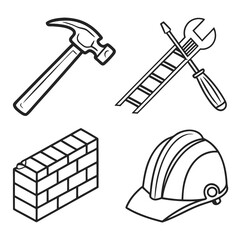 Collection of construction tools and safety equipment on a white background