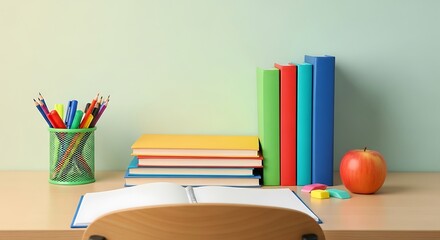 A red apple sits atop a stack of books, contrasting with a collection of writing utensils in a container.