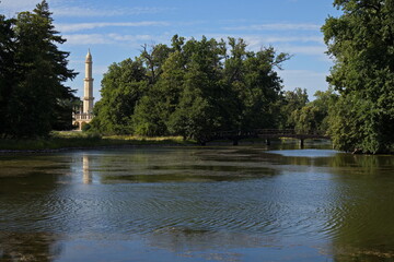 Minaret in castle garden in Lednice,Moravia,South Moravia,Czech republic
