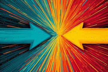 Two opposing arrows colliding in a burst of light and color 
