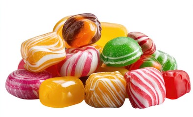 Obraz premium A colorful pile of assorted hard candies, in various shapes and swirl patterns, showcasing vibrant hues of red, yellow, orange, green, and pink, against a stark white background