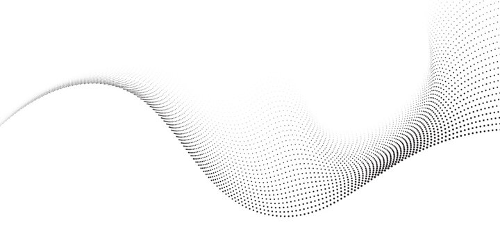 Flowing dots particles nice wave pattern halftone black gradient curve shape isolated on white background.