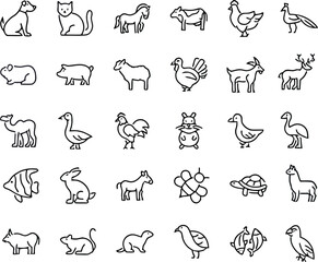 Funny cartoon animal icons vector set with cat, dog, bird, elephant, cow, fish, and sheep illustrations. Icon domesticated animals