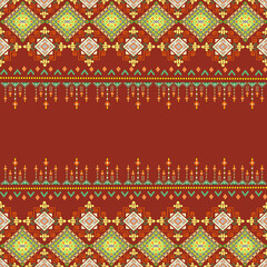 Traditional Navajo-Inspired Geometric Textile Pattern with Retro Tribal Motifs on Deep Red...