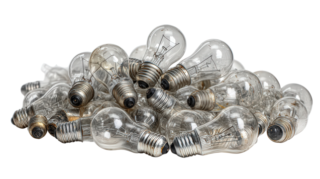 Used light bulbs ready for recycling background isolated on a Transparent background, PNG file.