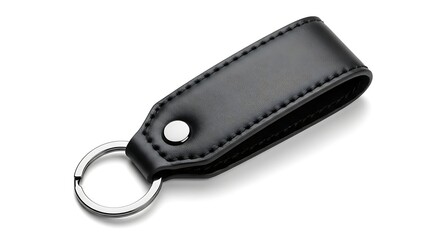 Black leather keychain with metal ring on white background