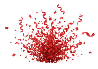 Vibrant deep red confetti pieces with varied shapes and reflective qualities caught mid-burst on a clean white studio background with bright, shadowless light, concept of festive celebration and joy