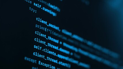 Macro view of a blue running programming script, with lines of code used in IT development, software, or data science. - Powered by Adobe