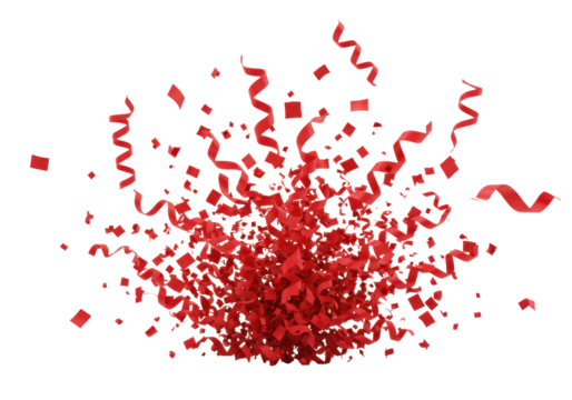 Vibrant deep red confetti pieces with varied shapes and reflective qualities caught mid-burst on a clean white studio background with bright, shadowless light, concept of festive celebration and joy