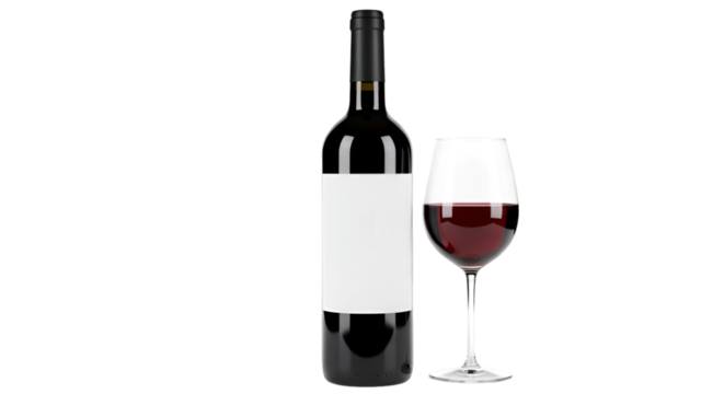 Red wine bottle and glass still life photography for alcohol drinks and beverages product presentation mockup isolated on transparent background