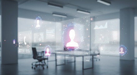 Office space with holographic displays showing user profiles and data visualizations in a modern setting