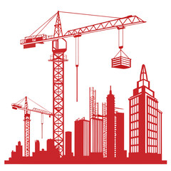 Construction Site Silhouette – Red Cranes and Skyscraper Illustration