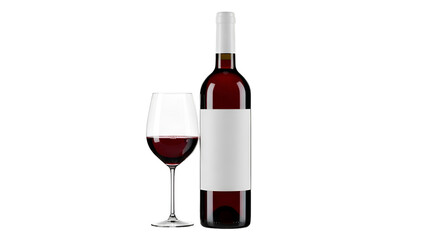 Red wine bottle and glass mockup template for branding and label design on black background product shot isolated on transparent background