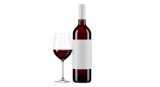 Red wine bottle and glass mockup template for branding and label design on black background product shot isolated on transparent background