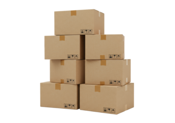 Stacked, various-sized, new brown corrugated cardboard boxes, securely taped, neatly arranged on a clean, transparent studio background with bright diffuse lighting. Concept of efficient logistics