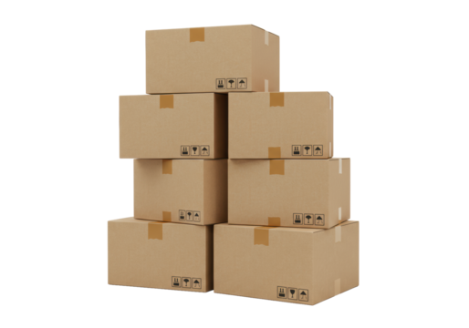 Stacked, various-sized, new brown corrugated cardboard boxes, securely taped, neatly arranged on a clean, transparent studio background with bright diffuse lighting. Concept of efficient logistics