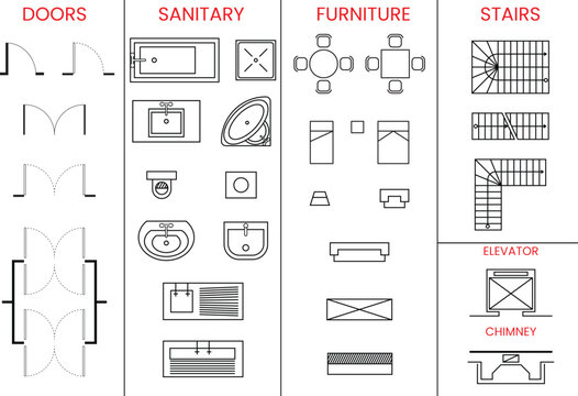 Architectural icon set, doors, sanitary, stairs, elevator, chimney, customizable stroke, vector, illustration