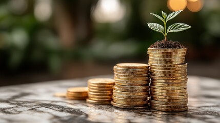 Gold coins stacked in a growing pattern, a small plant sprouting from the topmost stack