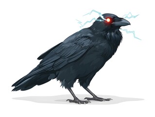 Fototapeta premium Electric Raven: A stylized raven with glowing red eyes and electric bolts emanating from its head, creating a dramatic and mystical image.