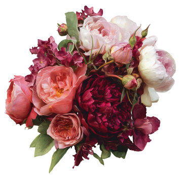 A beautiful bouquet of roses, peonies, and other flowers in pink tones with burgundy accents on a white background, png, transparent
