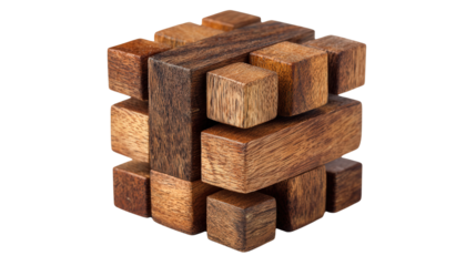 Wooden cube puzzle brain teaser background isolated on a Transparent background, PNG file.