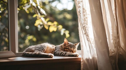 Sleepy Tabby Cat Napping on Windowsill, Golden Sunlight