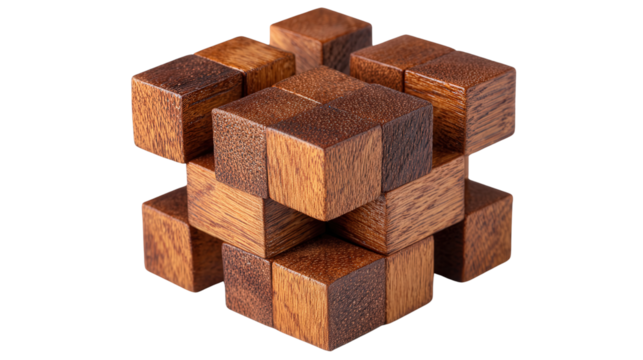 Wooden cube puzzle brain teaser background isolated on a Transparent background, PNG file.