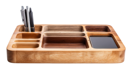 Wooden desk organizer with compartments background isolated on a Transparent background, PNG file.