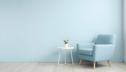 Serene Minimalist Interior Light Blue Armchair and Small Plant on a Table