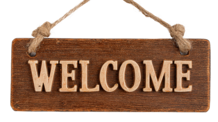 Wooden door sign with welcome text background isolated on a Transparent background, PNG file.