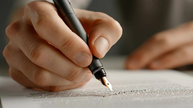 Digital pen writing on paper close up with hand signing business contract document showing procurement process and focused text background