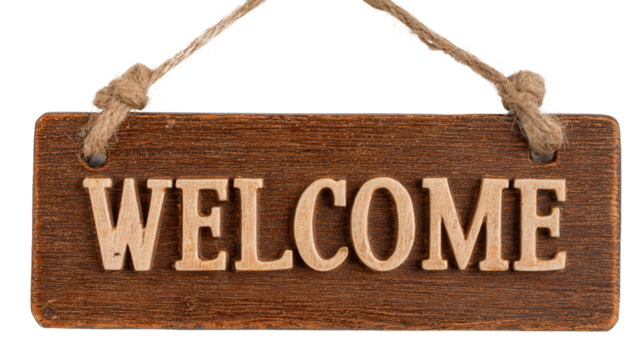 Wooden door sign with welcome text background isolated on a Transparent background, PNG file.