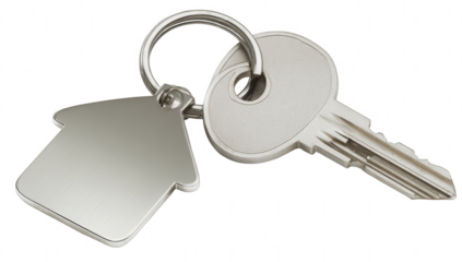 A key with two keys on the ring and an empty house-shaped tag isolated on a white background, png, transparent