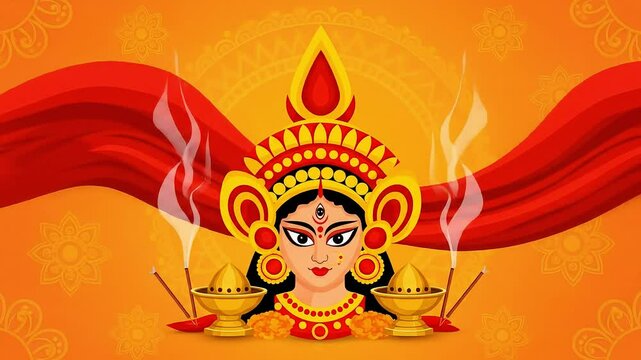 Pixelated Goddess Durga Illustration in Vibrant Orange with Red Cloth and Incense Smoke