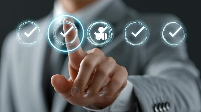 Digital procurement technology for business success with touchscreen selection and checkmark approval driving efficient process and growth