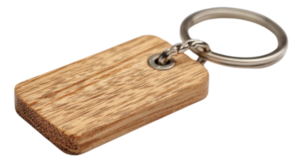 Wooden keychain with engraved tag background isolated on a Transparent background, PNG file.