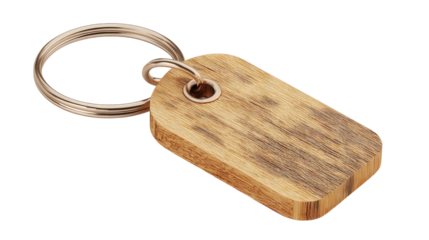 Wooden keychain with engraved tag background isolated on a Transparent background, PNG file.