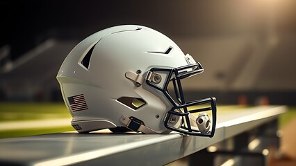 Fototapeta premium American football helmet placed on a bench under dramatic stadium lights, with a blurred field behind.