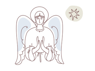 Angel with halo in prayer gesture, divine being with wings looking down, religious concept for Christmas and holiday graphic. Vector line art hand drawn  illustration.
