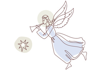 Angel with halo in prayer gesture, divine being with wings looking down, religious concept for Christmas and holiday graphic. Vector line art hand drawn  illustration.