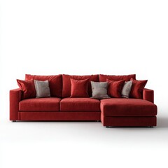 Fototapeta premium Red Sectional Sofa with Cushions on White Background