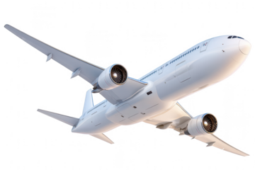 A white passenger airplane flying isolated on a clear background, png, transparent
