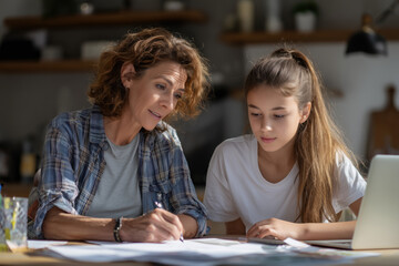 parent helping teenager with homework at a clean desk