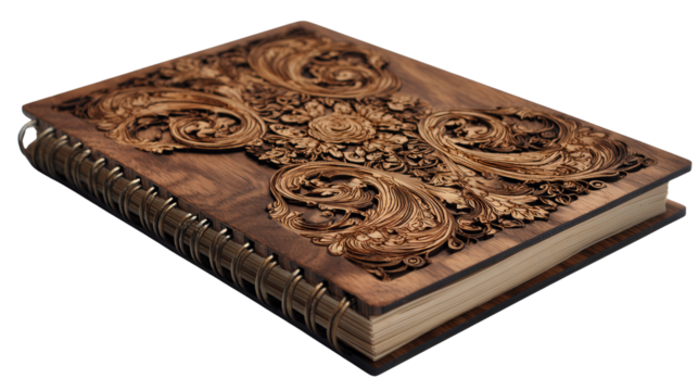 Wooden notebook cover with laser engraving background isolated on a Transparent background, PNG file. - Powered by Adobe