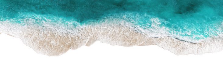 Beautiful top view of a white sand beach and turquoise seawater with waves, a summer background banner mockup, png, transparent